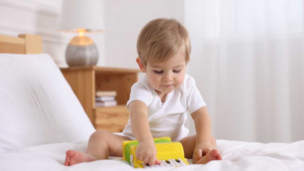 Toddler exploring a toy while caregivers monitor developmental milestones and early autism signs